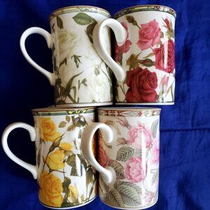 4 NOSV Angelo Cups "Roses" 14oz Royal Bone China porcelain floral & nouveau rim